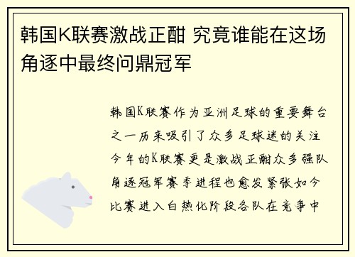 韩国K联赛激战正酣 究竟谁能在这场角逐中最终问鼎冠军