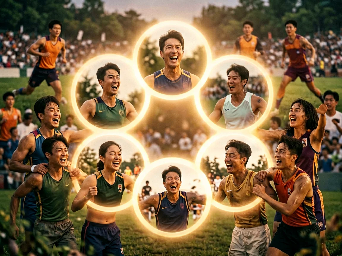 运动员同场欢聚奥运五环